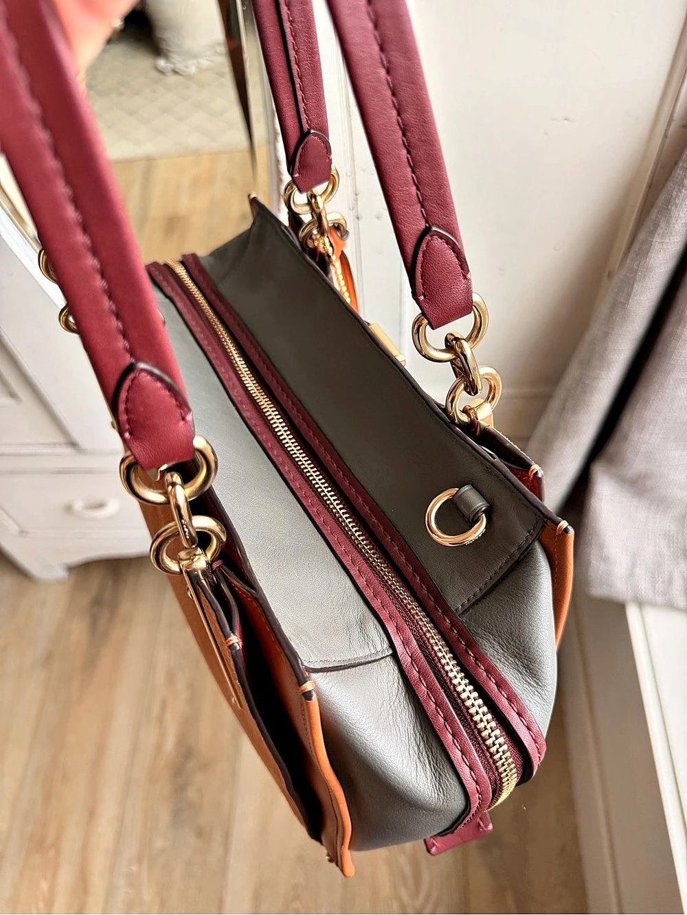 Coach Dreamer Satchel Colorblock Suede Satchel in Brown & Burgundy - Picture 7 of 11
